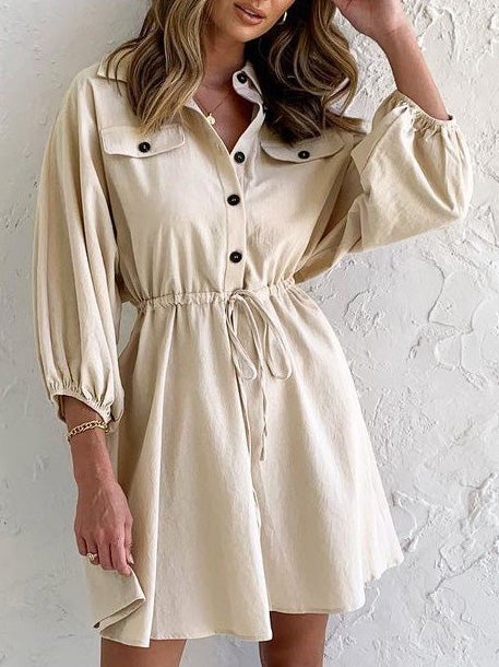 Women's Dresses Lapel Button Belted Long Sleeve Dress - LuckyFash™