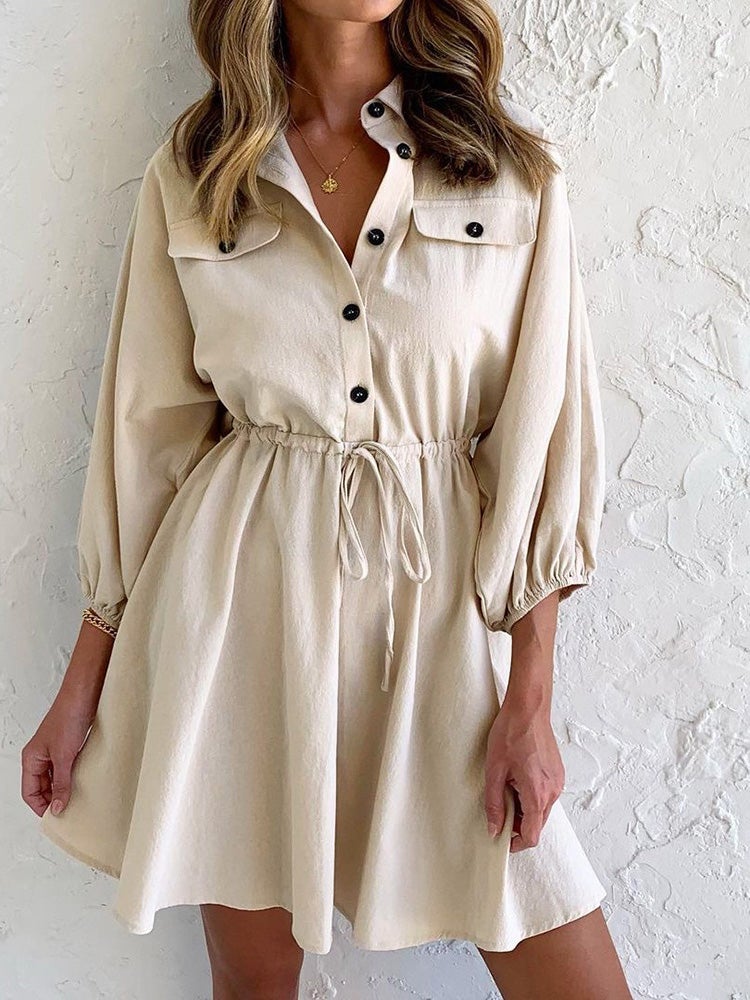 Women's Dresses Lapel Button Belted Long Sleeve Dress - LuckyFash™