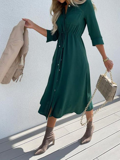 Women's Dresses Lapel Button Belted Mid Sleeve Dress - LuckyFash™