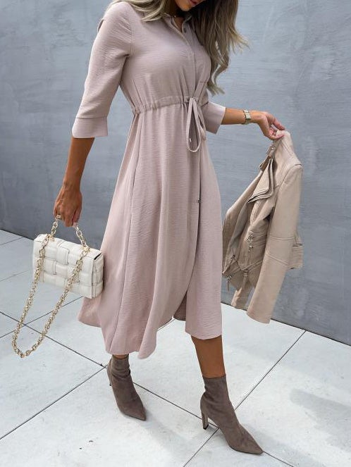 Women's Dresses Lapel Button Belted Mid Sleeve Dress - LuckyFash™