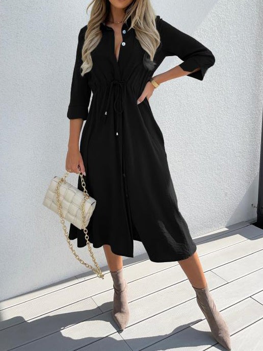 Women's Dresses Lapel Button Belted Mid Sleeve Dress - LuckyFash™