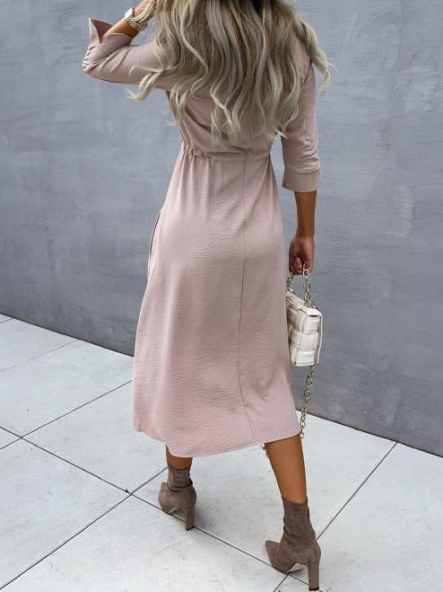 Women's Dresses Lapel Button Belted Mid Sleeve Dress - LuckyFash™