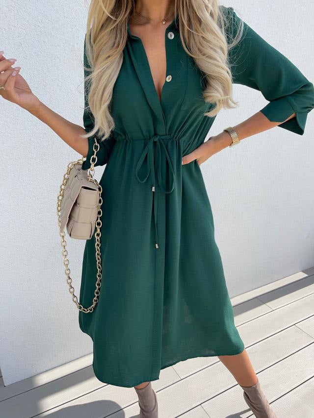 Women's Dresses Lapel Button Belted Mid Sleeve Dress - LuckyFash™