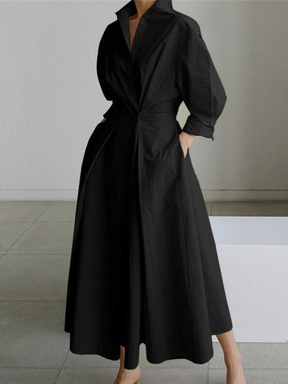 Dresses Lapel Elastic Waist Shirt Long Sleeve Dress for Women