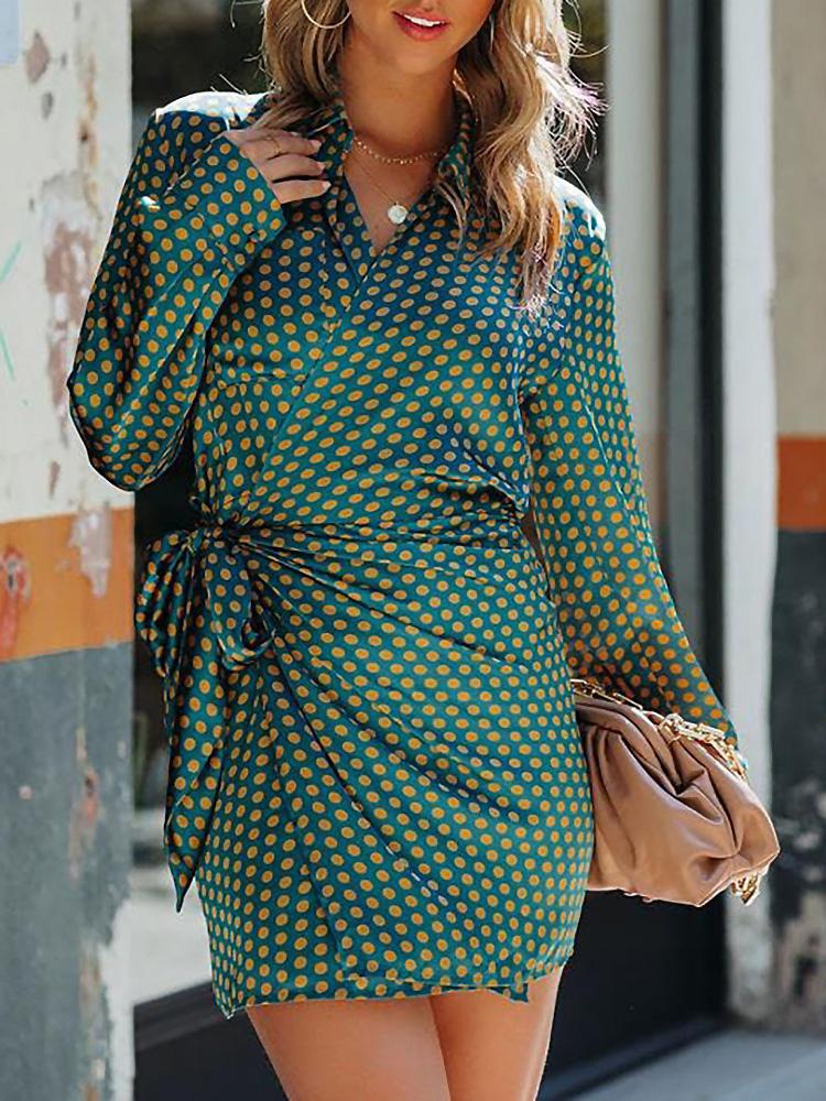 Women's Dresses Lapel Polka Dot Print Belted Long Sleeve Dress - LuckyFash™