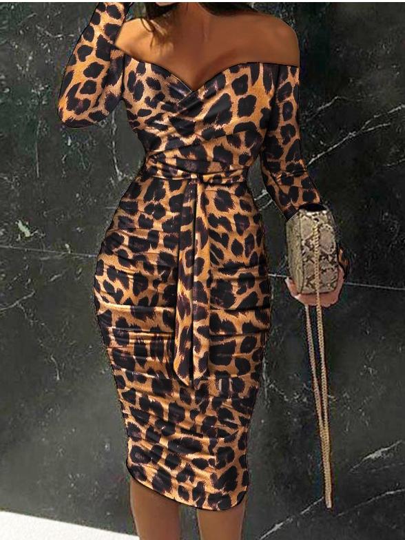 Women's Dresses Leopard Boat Neck Long Sleeve Skinny Dress - LuckyFash™