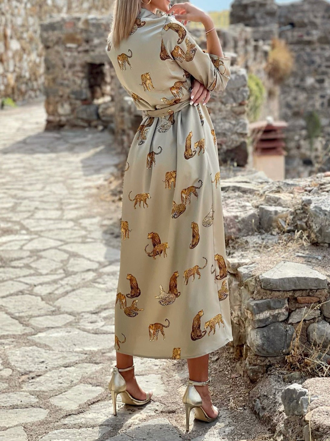 Maxi Dresses - Leopard Lace Up Single Breasted Long Sleeve Dress - MsDressly