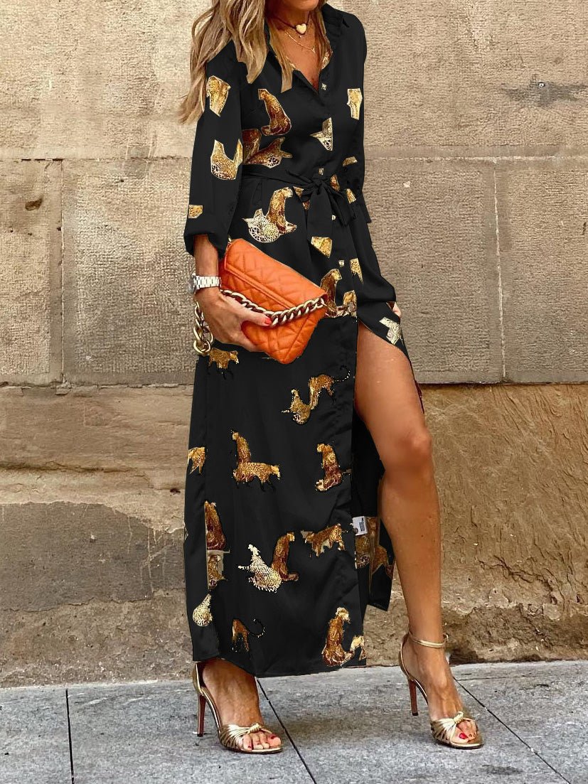 Maxi Dresses - Leopard Lace Up Single Breasted Long Sleeve Dress - MsDressly