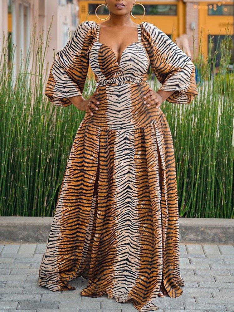 Women's Dresses Leopard Print Deep V Neck Long Sleeve Slit Dress - LuckyFash™