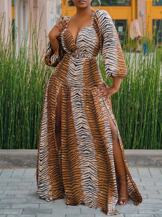 Dresses Leopard Print Deep V Neck Long Sleeve Slit Dress for Women