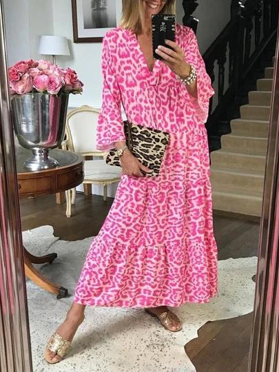 Dresses Leopard Print V-Neck Long Sleeve Dress for Women