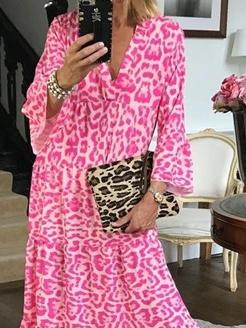 Women's Dresses Leopard Print V-Neck Long Sleeve Dress - LuckyFash™