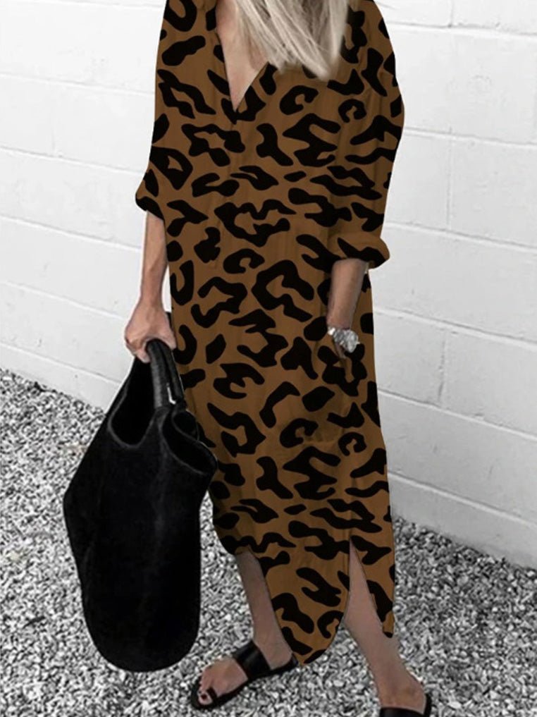 Maxi Dresses - Leopard Print V-Neck Split Long Sleeve Dress - MsDressly