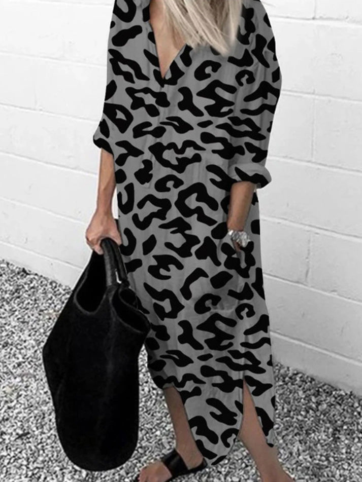 Leopard Print V-Neck Split Long Sleeve Dress