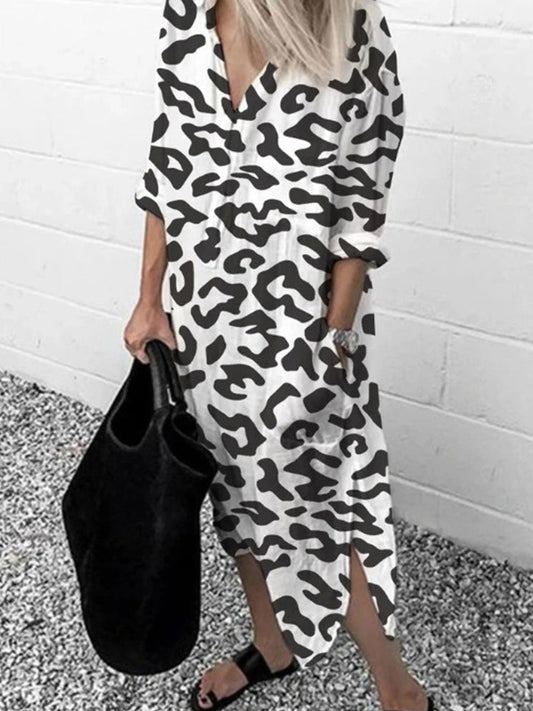 Leopard Print V-Neck Split Long Sleeve Dress