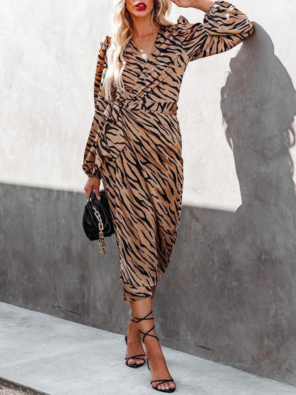 Women's Dresses Leopard Print V-Neck Tie Long Sleeve Dress - LuckyFash™