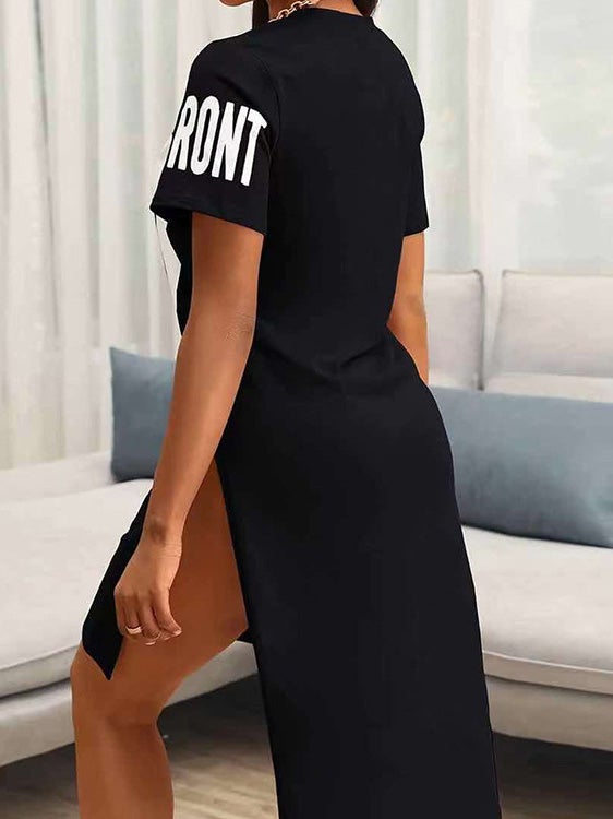 Women's Dresses Letter Print Crew Neck Short Sleeve Slit Dress - LuckyFash™