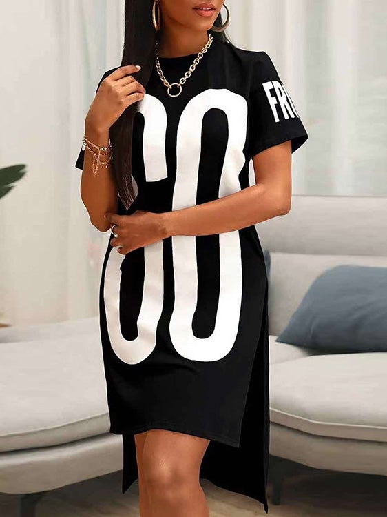 Women's Dresses Letter Print Crew Neck Short Sleeve Slit Dress - LuckyFash™