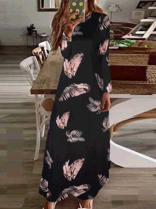 Dresses Loose Crew Neck Printed Long Sleeve Dress for Women