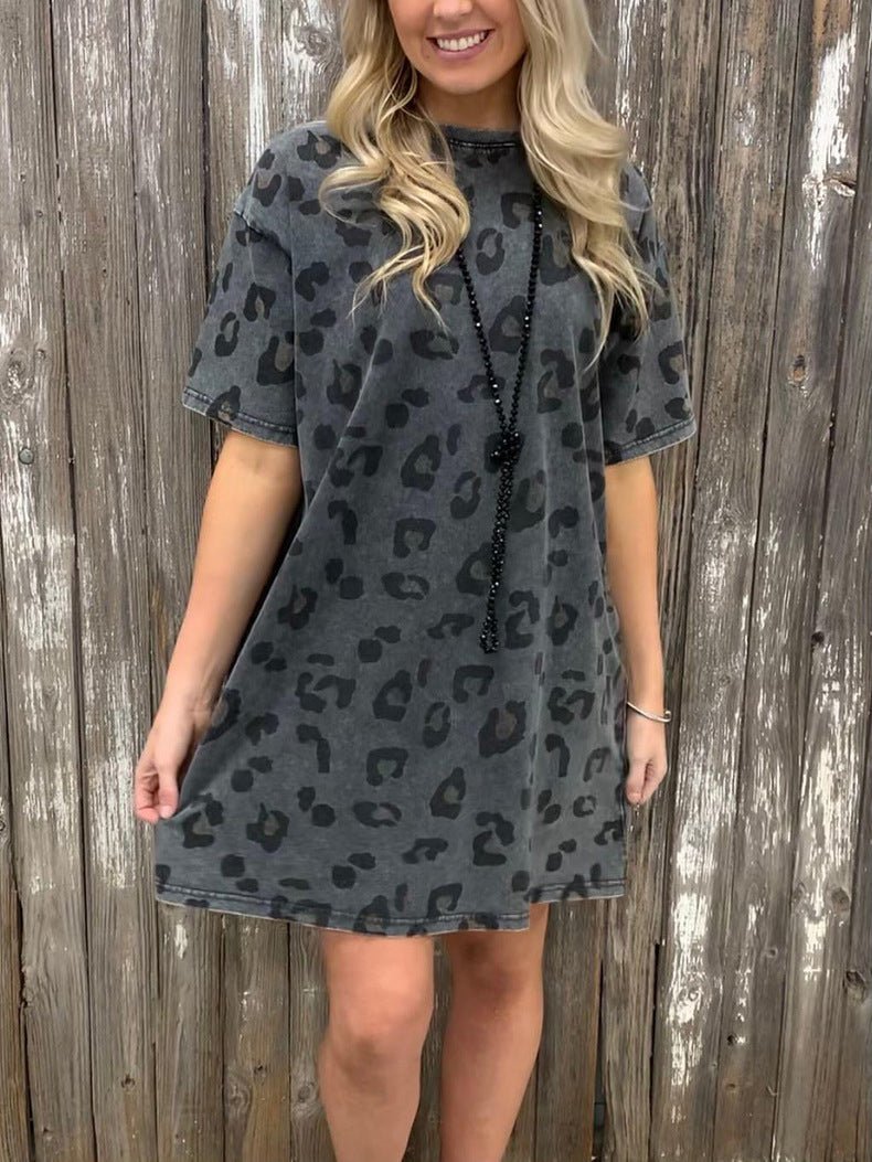 Midi Dresses - Loose Leopard Print Crew Neck Short Sleeve Dress - MsDressly