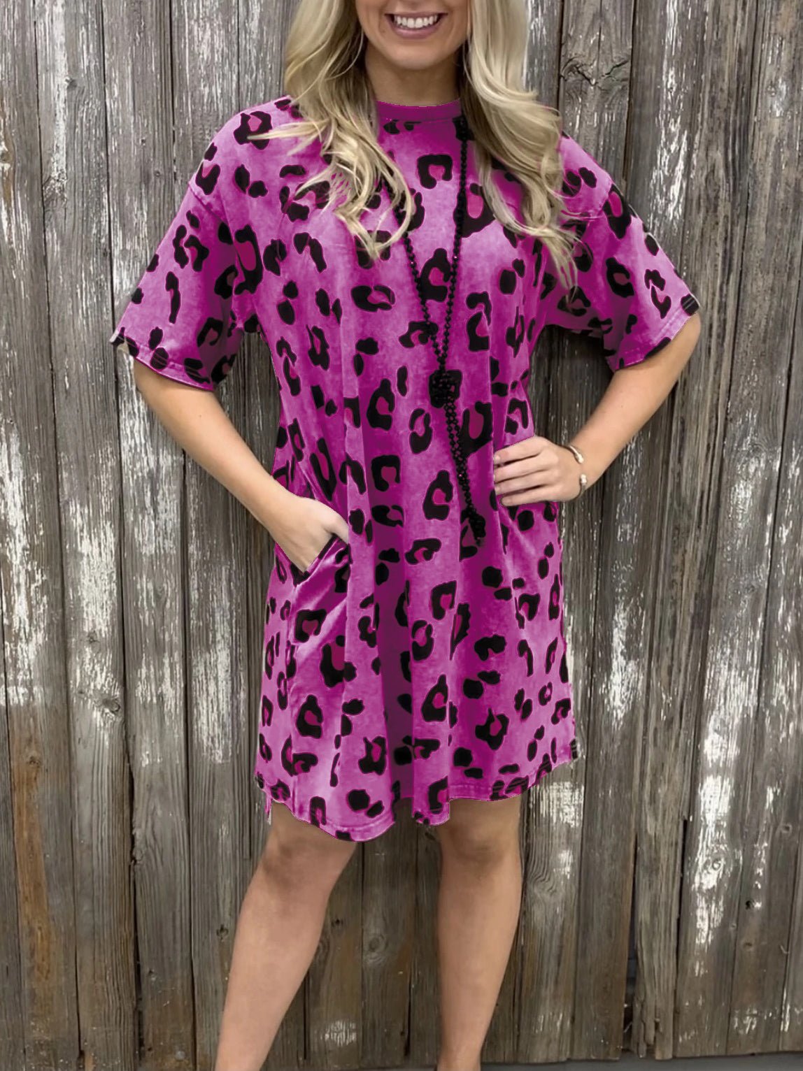 Midi Dresses - Loose Leopard Print Crew Neck Short Sleeve Dress - MsDressly