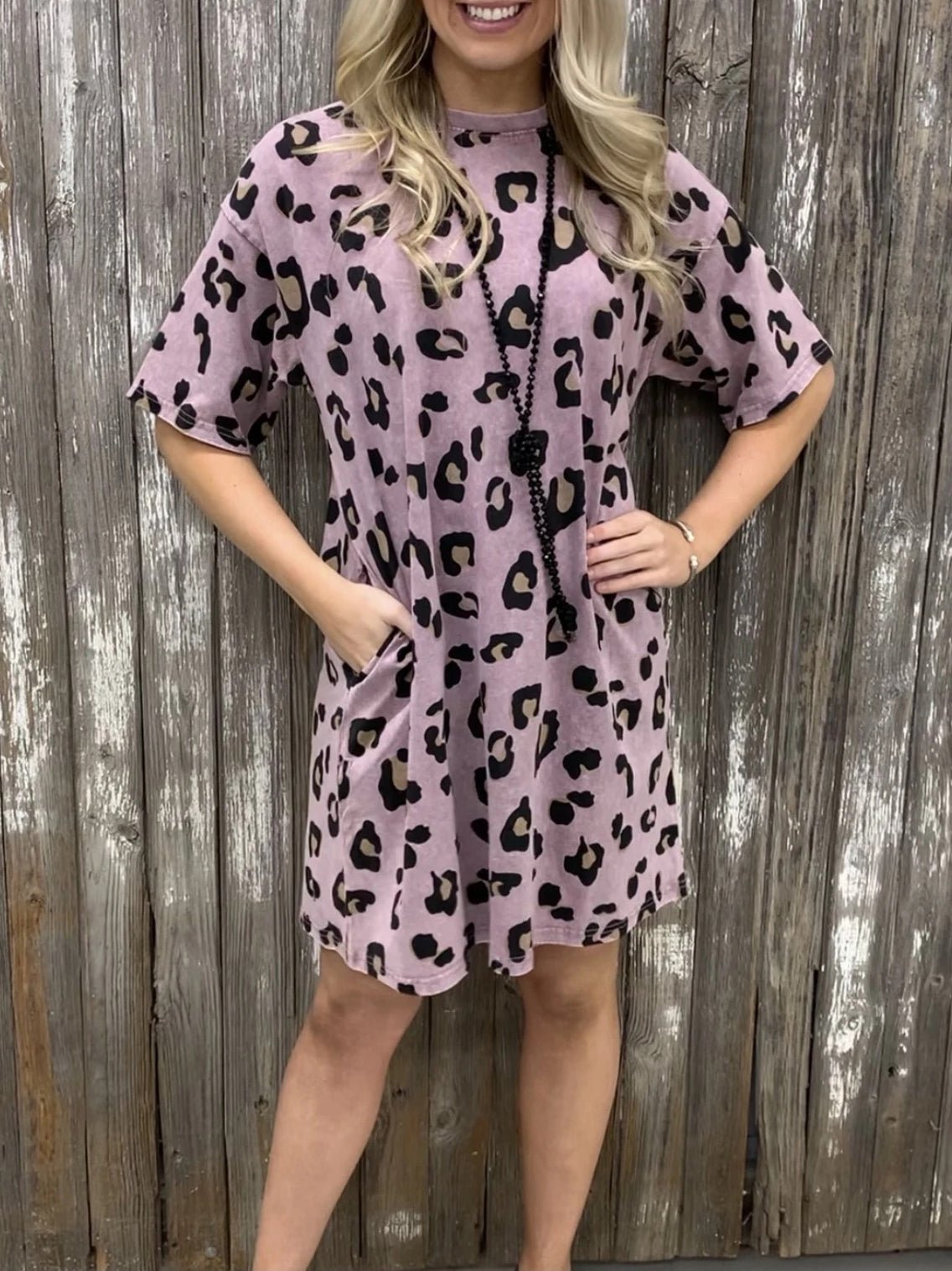 Loose Leopard Print Crew Neck Short Sleeve Dress