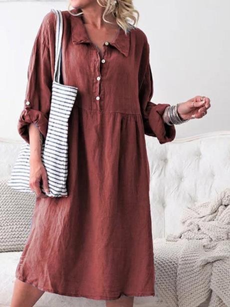 Loose Shirt Collar Button Long Sleeve Midi Dress