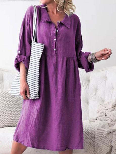 Loose Shirt Collar Button Long Sleeve Midi Dress