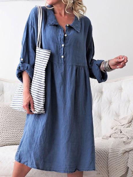 Loose Shirt Collar Button Long Sleeve Midi Dress