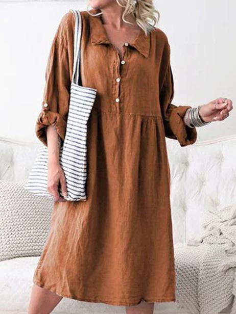 Midi Dresses - Loose Shirt Collar Button Long Sleeve Midi Dress - MsDressly