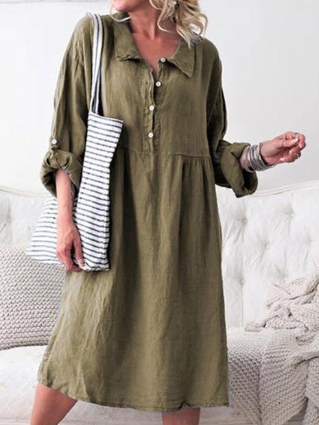 Midi Dresses - Loose Shirt Collar Button Long Sleeve Midi Dress - MsDressly