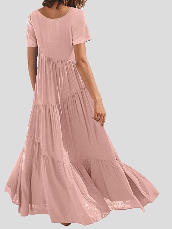 Maxi Dresses - Loose Solid Round Neck Short Sleeve Dress - MsDressly