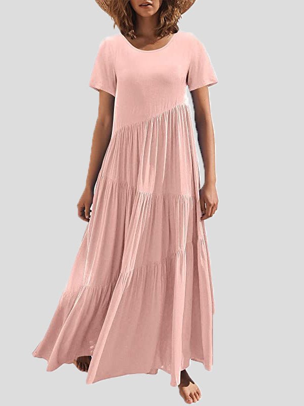 Maxi Dresses - Loose Solid Round Neck Short Sleeve Dress - MsDressly