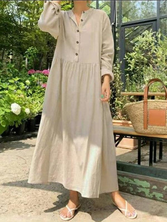 Dresses Loose Stand Collar Button Long Sleeve Dress for Women