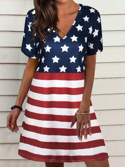 Mini Dresses - Loose Star Stripe V-Neck Short Sleeve Dress - MsDressly