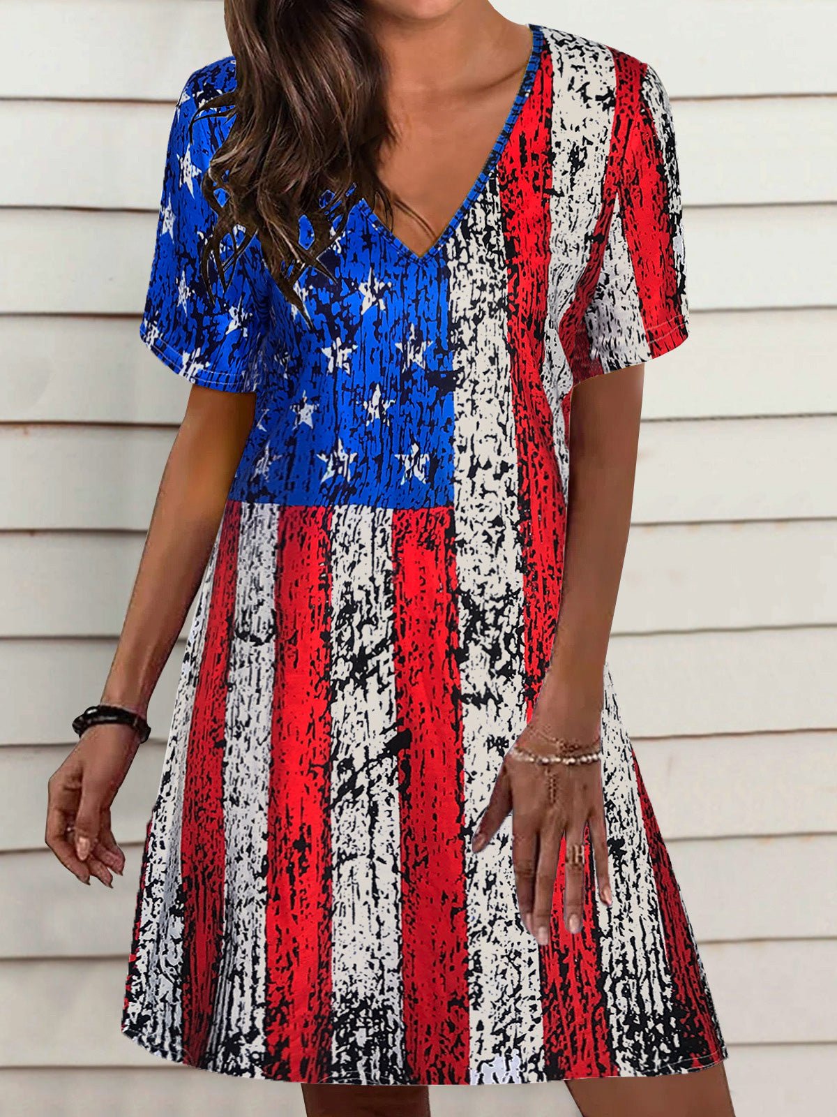 Loose Star Stripe V-Neck Short Sleeve Dress