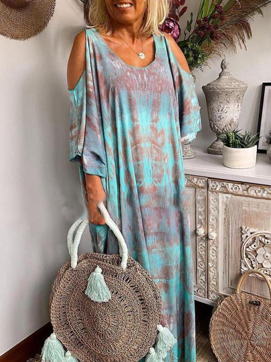 Dresses Loose Tie-Dye Printed Off-The-Shoulder Long Sleeve Dress for Women