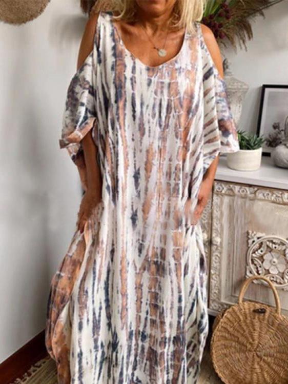 Dresses Loose Tie-Dye Printed Off-The-Shoulder Long Sleeve Dress for Women