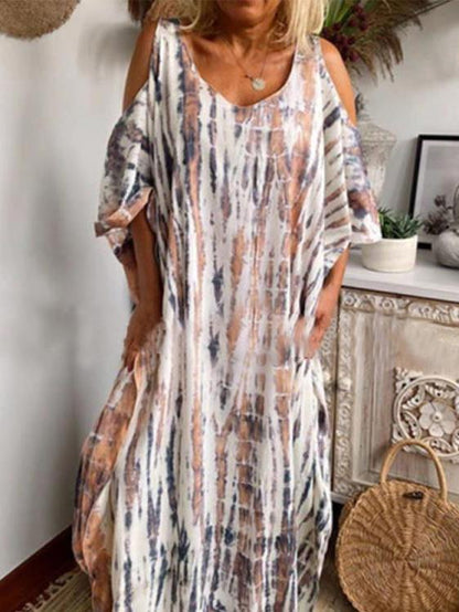 Dresses Loose Tie-Dye Printed Off-The-Shoulder Long Sleeve Dress for Women