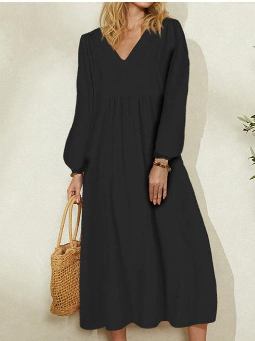 Dresses Loose V-Neck Lantern Long Sleeve Dress for Women