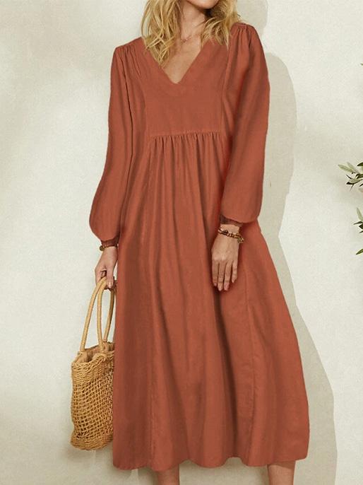 Dresses Loose V-Neck Lantern Long Sleeve Dress for Women