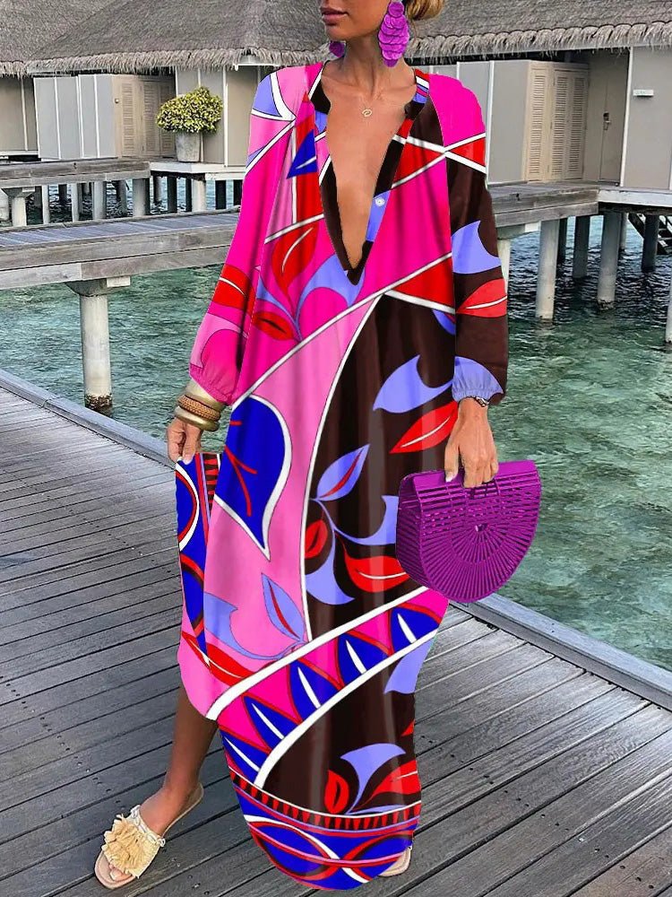 Women's Dresses Loose V-Neck Long Sleeve Print Dress - LuckyFash™