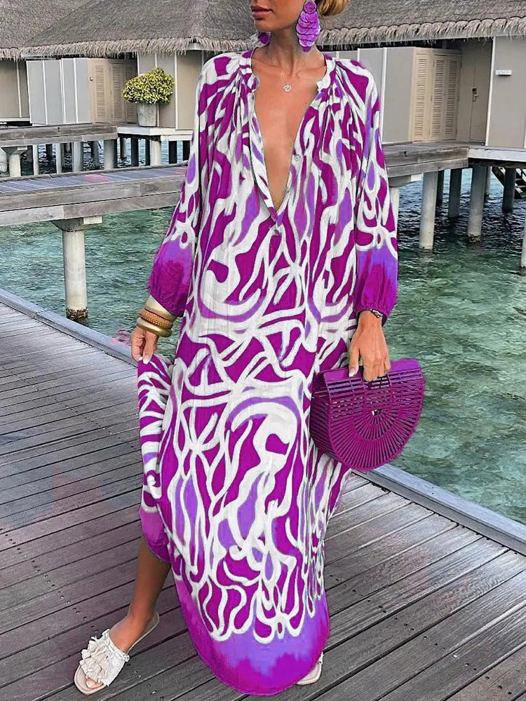 Dresses Loose V-Neck Long Sleeve Print Dress for Women