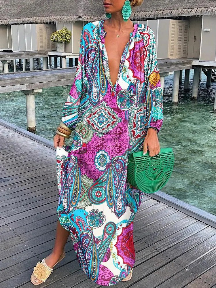 Women's Dresses Loose V-Neck Long Sleeve Print Dress - LuckyFash™