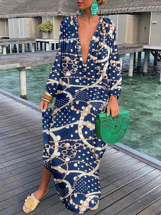 Dresses Loose V-Neck Long Sleeve Print Dress for Women