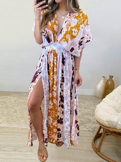 Women's Dresses Loose V-Neck Print High Slit Dress - LuckyFash™