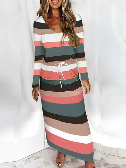 Dresses Loose V-Neck Striped Long Sleeve Dress for Women