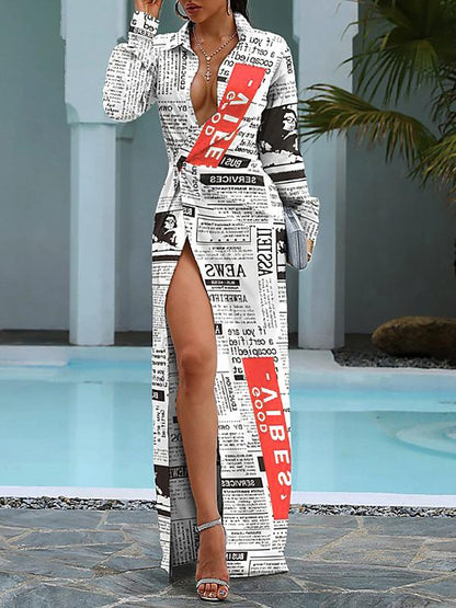 Women's Dresses Newspaper Print Lapel Long Sleeve Shirt Dress - LuckyFash™