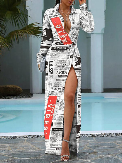 Women's Dresses Newspaper Print Lapel Long Sleeve Shirt Dress - LuckyFash™