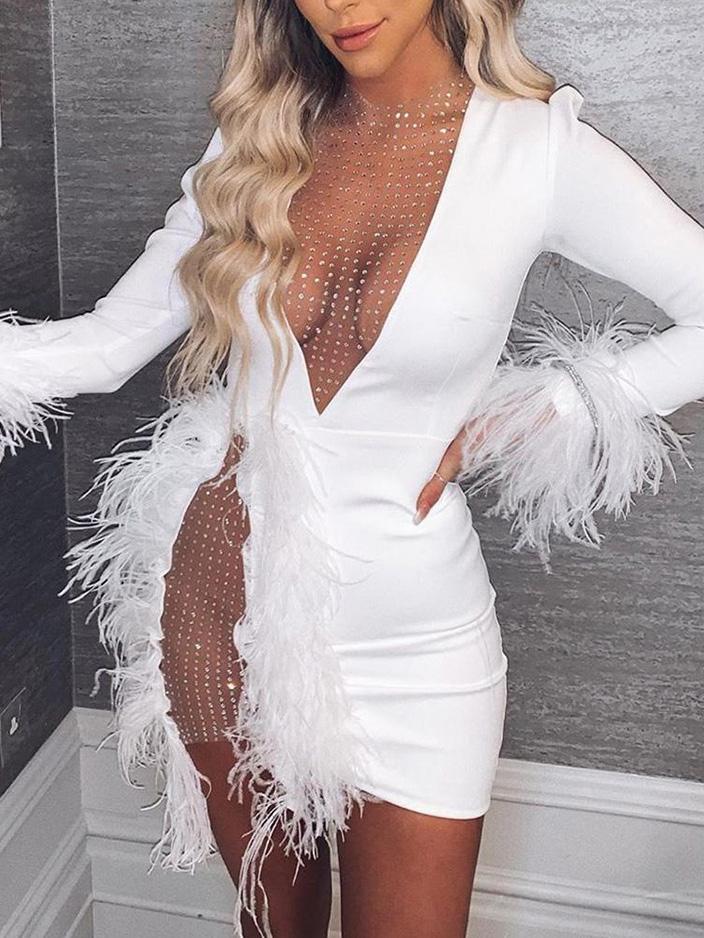 Women's Dresses Nightclub Mesh Stitching Feathers Long Sleeve Dress - LuckyFash™